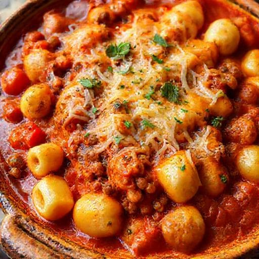 Klassischer Gnocchi-Auflauf mit Hackfleisch und Tomaten