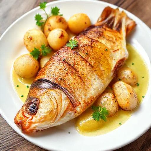 Klassisches Zanderfilet auf der Haut gebraten mit Zitronenbutter und Salzkartoffeln