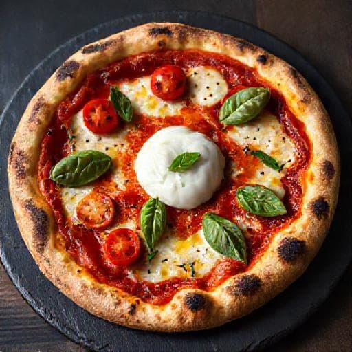 Pizza Margherita mit Burrata und Kirschtomaten