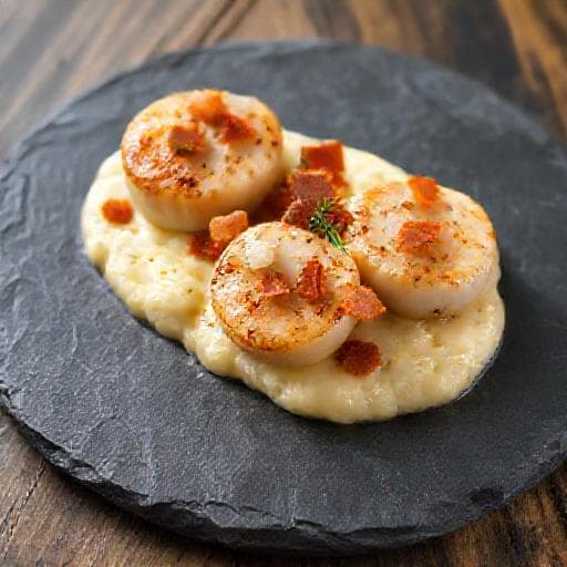 Kamskjell med Blomkålpuré og Sprøstekt Pancetta