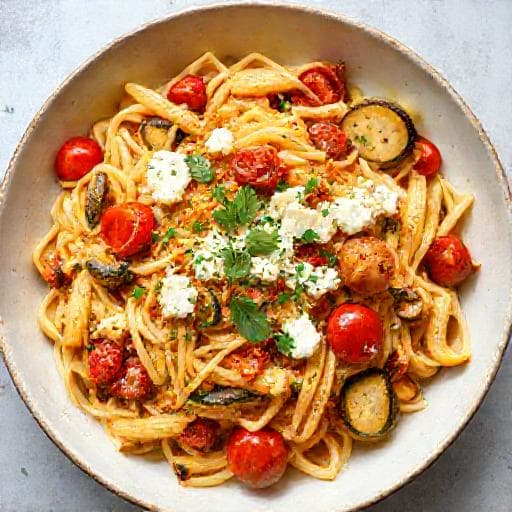 Pasta med Bakt Feta og Ovnsbakte Grønnsaker