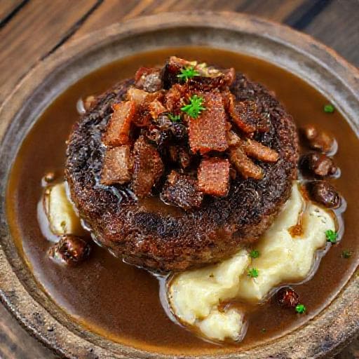 Hakkebiff med Sjampinjong og Bacon i Brun Saus