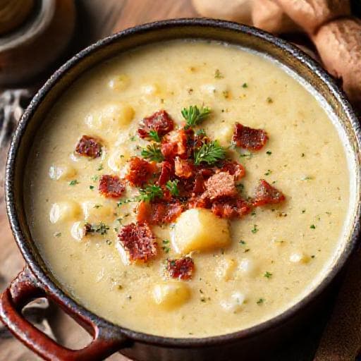 Potet- og purreløksuppe med bacon og urter
