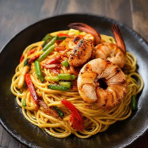 Bami met Moksi Metti met Pittige Kip en Garnalen