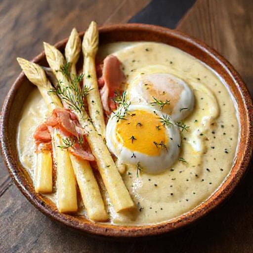 Witte Asperges met Ham, Ei en Mosterd-Dillesaus