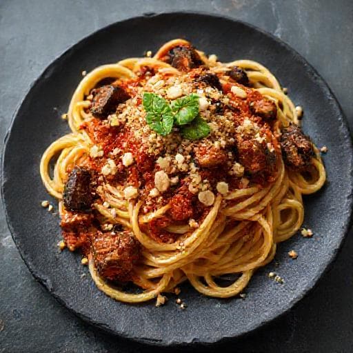 Pasta alla Norma met Geroosterde Aubergine en Amandelcrumble