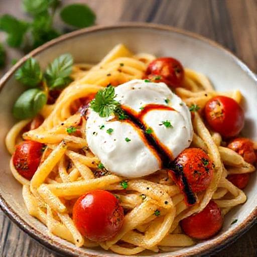 Snelle Pasta met Burrata en Gebakken Tomaten