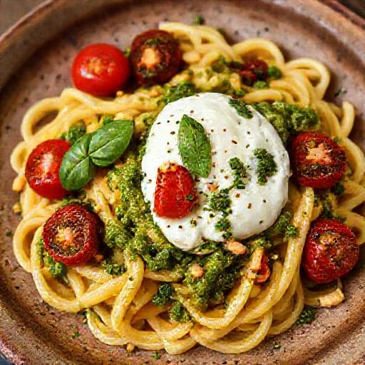 Pasta met Burrata, Geroosterde Tomaten en Pesto