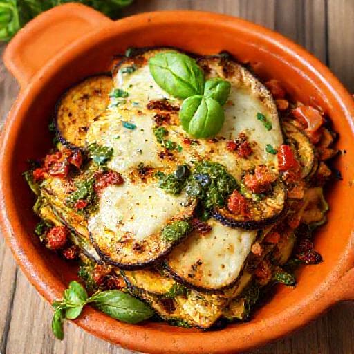 Auberginelasagne met Pesto en Zongedroogde Tomaten