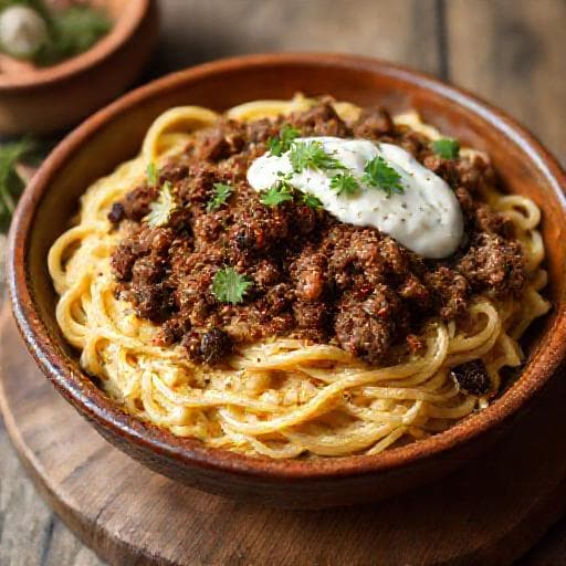 Klassieke Turkse Pasta met Gehakt en Yoghurt (Hünkar Beğendi Stijl)