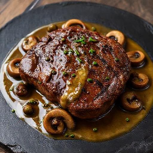 Filetto al Pepe Verde con Funghi e Cognac