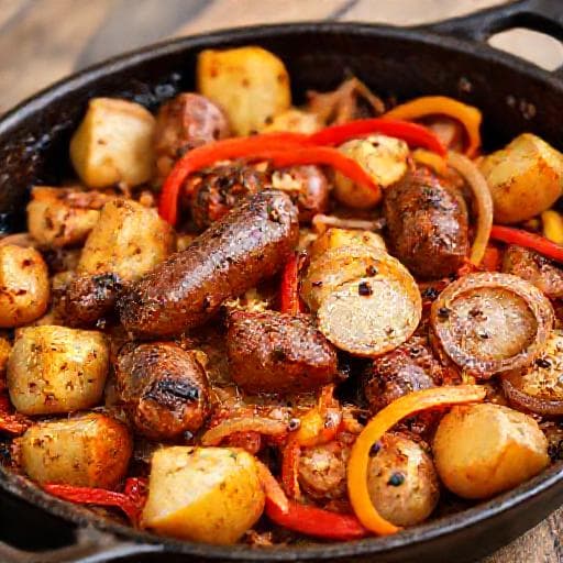 Salsiccia e Patate al Forno con Cipolle e Peperoni
