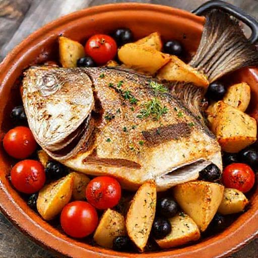 Orata al Forno con Patate, Olive e Pomodorini (Stile Mediterraneo)