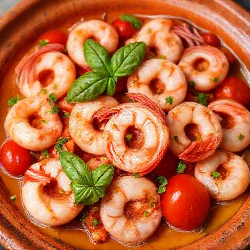 Gamberi in Padella con Pomodorini e Basilico