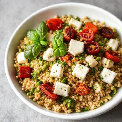 Insalata di Farro con Pesto, Mozzarella e Pomodorini Secchi