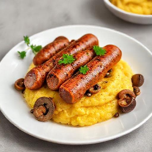 Luganighe con Polenta Veloce e Funghi