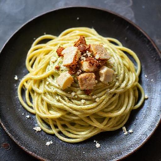 Spaghetti alla Chitarra con Crema di Zucchine e Guanciale Croccante