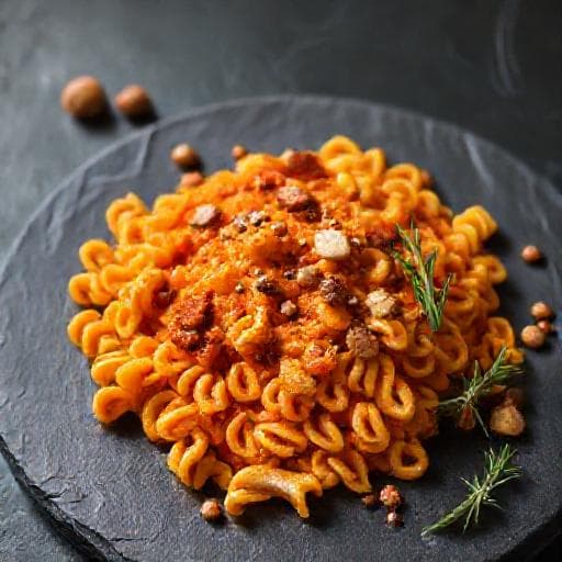 Fusilli con Crema di Peperoni Arrostiti e Nocciole Tostate