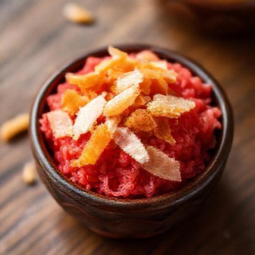 Xôi Gấc with Candied Coconut Flakes