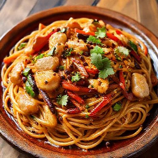 Nouilles Sautées au Poulet et Légumes Croquants à la Sichuan