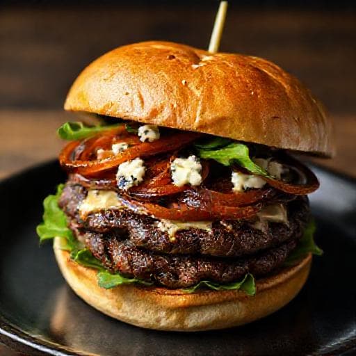 Burger s modrým sýrem a karamelizovanou cibulí