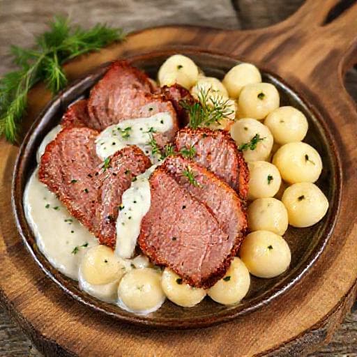 Uzené maso s křenovou omáčkou a bramborovými noky