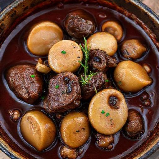 Hovězí na houbách po Burgundsku (Bœuf Bourguignon s houbami)