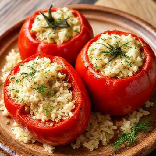 Пълнени домати със сирене, ориз и копър