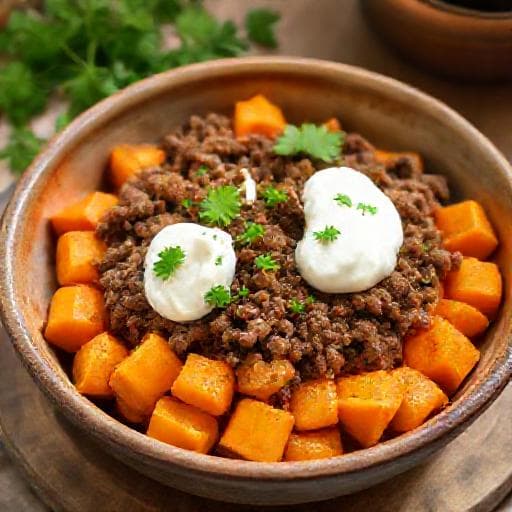 Класическа купа със сладък картоф, кайма и котидж сирене