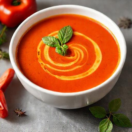 Бърза супа от печени чушки с билки