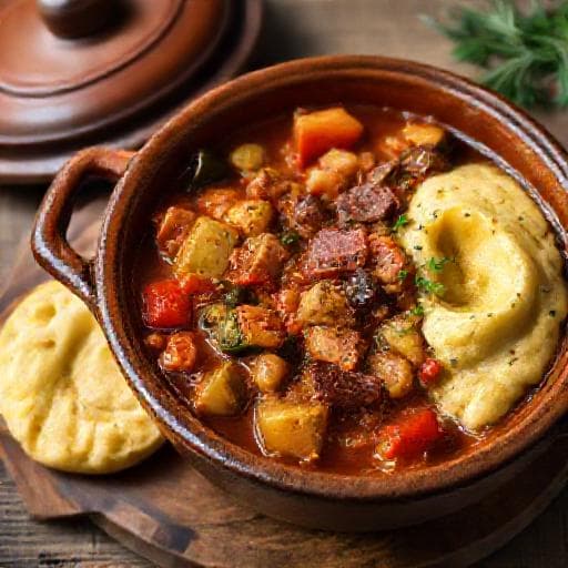 Ghiveci de legume cu afumătură și mămăliguță