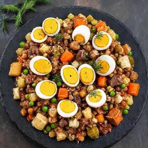 Salată Boeuf cu Murături Asortate și Ouă de Prepeliță