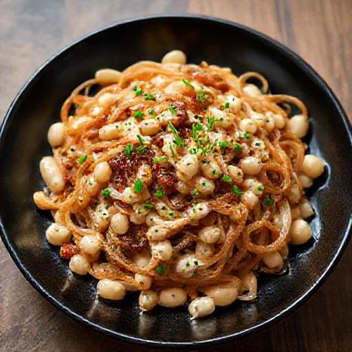 Salată de fasole boabe cu ceapă caramelizată și dressing de usturoi