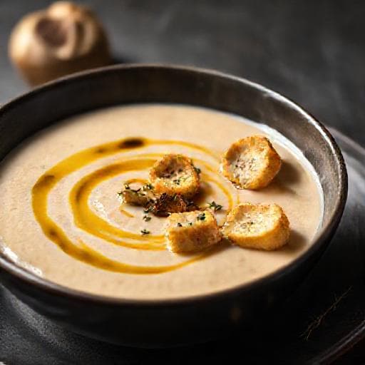 Supă Cremă de Ciuperci cu Trufe și Crutoane Aromatizate