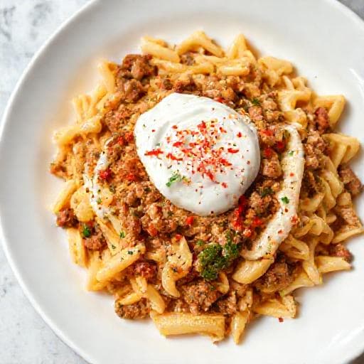 Paste Turcești Rapide cu Carne Tocată și Iaurt (Varianta Simplificată)