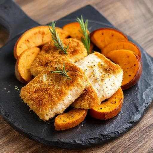 Cod pane în crustă de mălai cu cartofi dulci copți