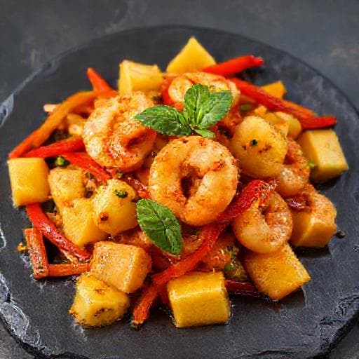 Creveți în Sos Dulce-Picant cu Ananas și Ardei Gras
