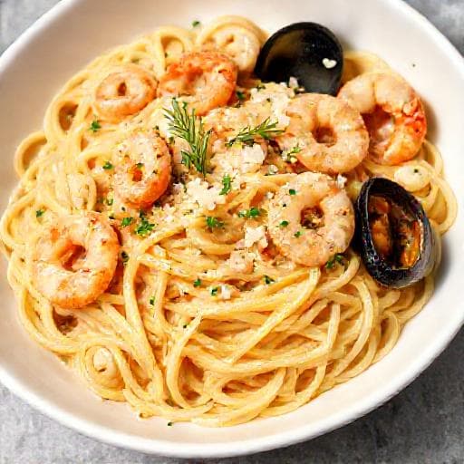 Paste cu Fructe de Mare în Sos Cremă de Vin Alb
