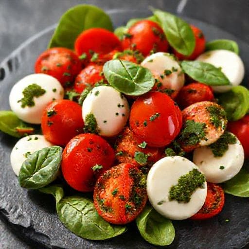 Salată Caprese cu Pesto și Roșii Cherry Coapte
