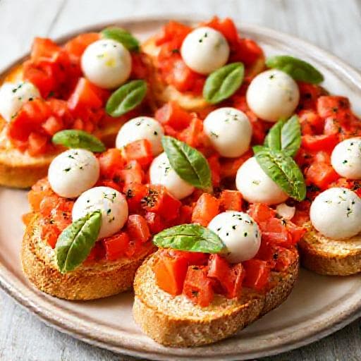 Bruschete cu Roșii, Mozzarella și Busuioc (Caprese)