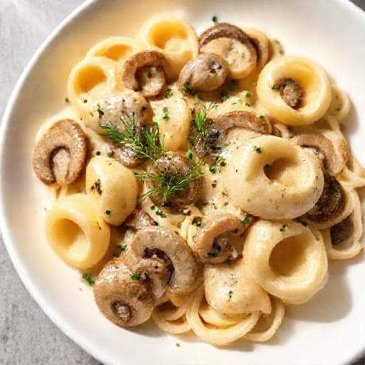 Tortellini rapizi în sos de smântână și ciuperci