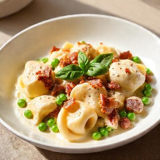 Tortellini în sos de smântână cu prosciutto și mazăre