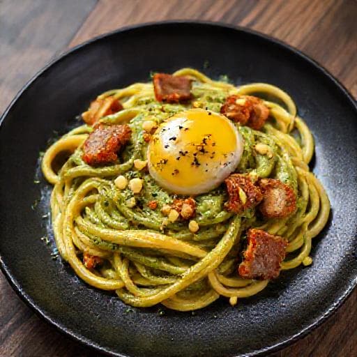 Paste cu Fistic și Gușă de Porc (Guanciale)