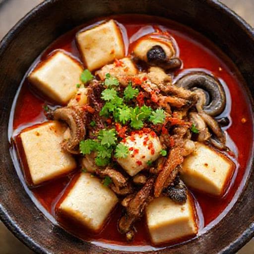 Mapo Tofu cu Ciuperci și Vârfuri de Porc (Twist Vegetarian/Umami)