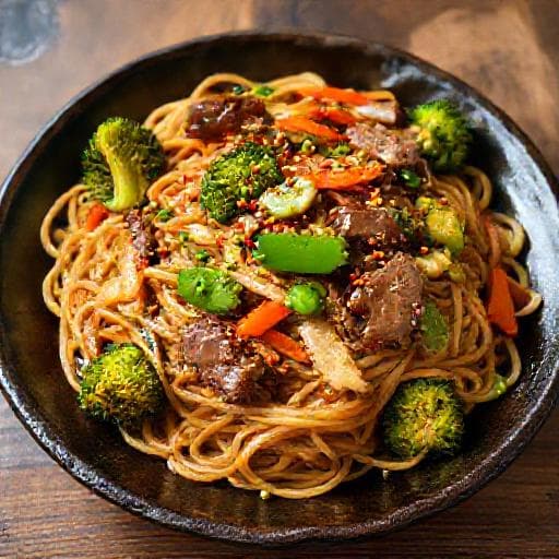 Chow Mein cu Vită și Legume Crocante
