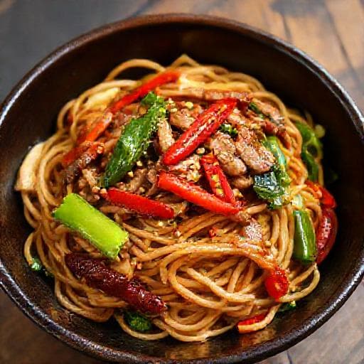 Lo Mein cu Carne de Porc și Legume Picante