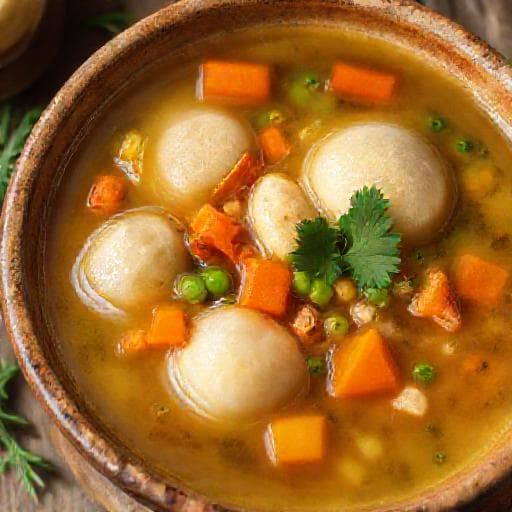 Supă de pui cu găluște de griș și legume de sezon