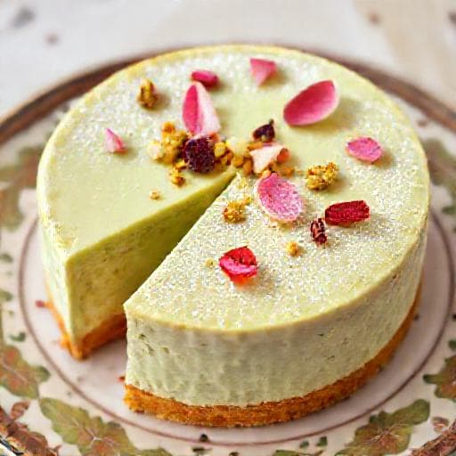 Cheesecake cu fistic și apă de trandafiri