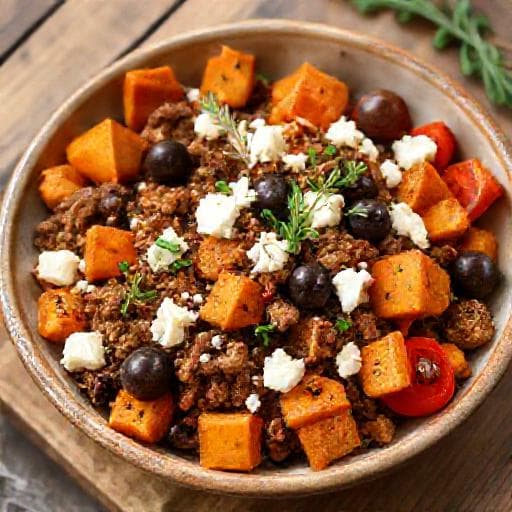 Bol Mediteranean cu Cartof Dulce, Carne Tocată și Brânză Feta