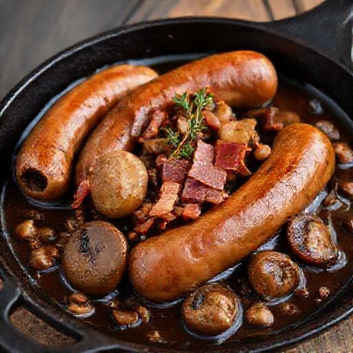 Cârnați în sos de bere cu ciuperci și bacon